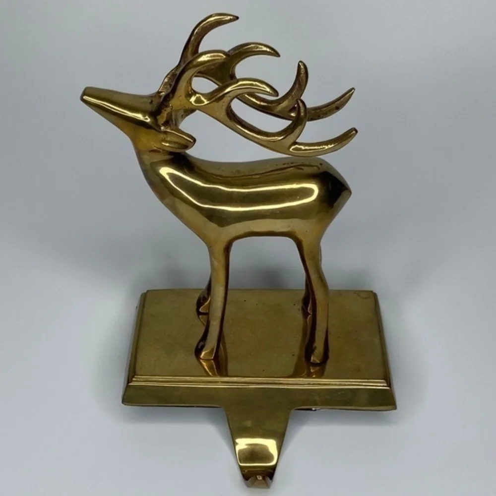 Pair of Brass Mantel‎ Holder Hangers Reindeer Christmas Holiday Stocking